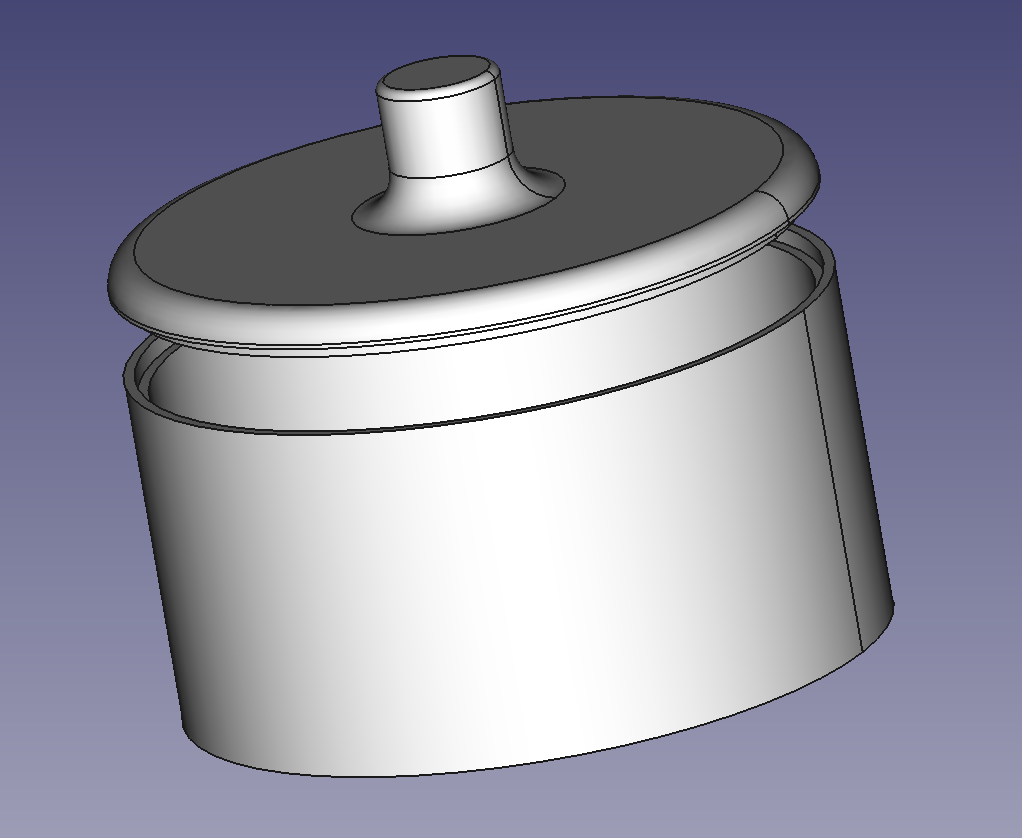 FreeCAD design of a round box, with the lid slightly up, so you can see the small groove inside the box, to keep the lid in place